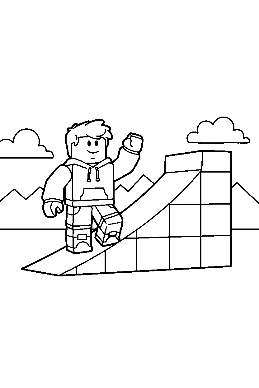 roblox parkour avatar waving near a block ramp line art