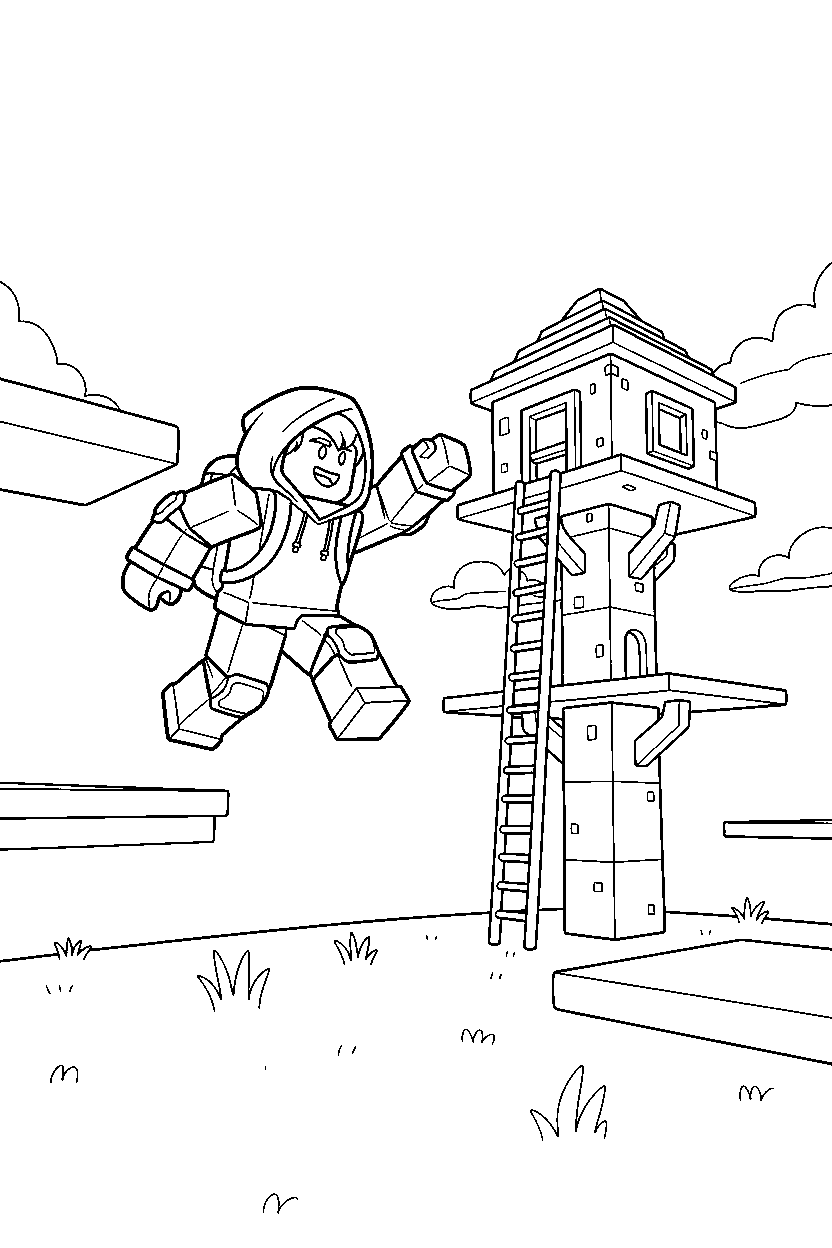 roblox parkour hero exploring near a block tree house line art