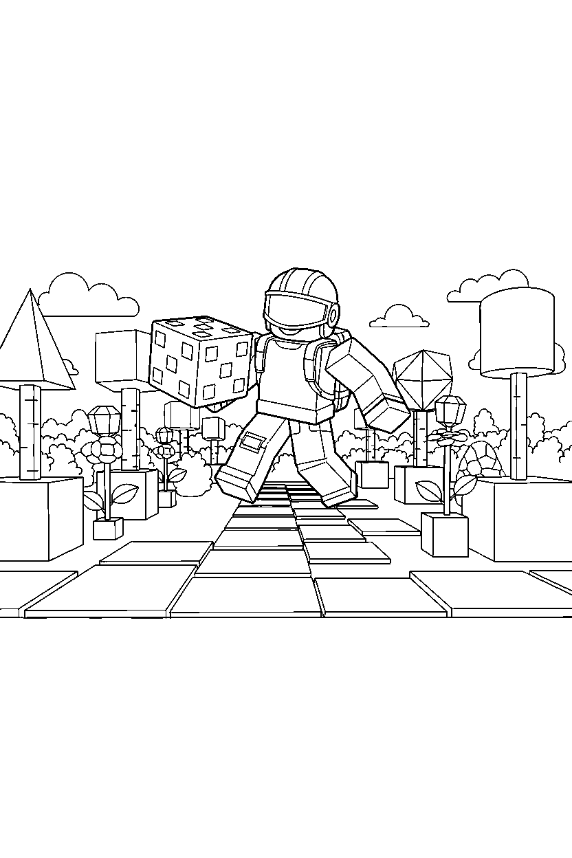 roblox parkour hero holding a cube near a block garden line art