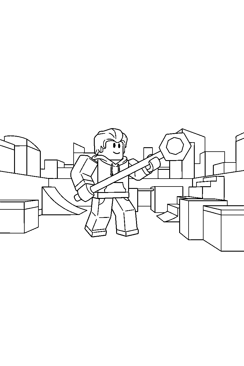 roblox parkour hero holding a tool near a block courtyard line art