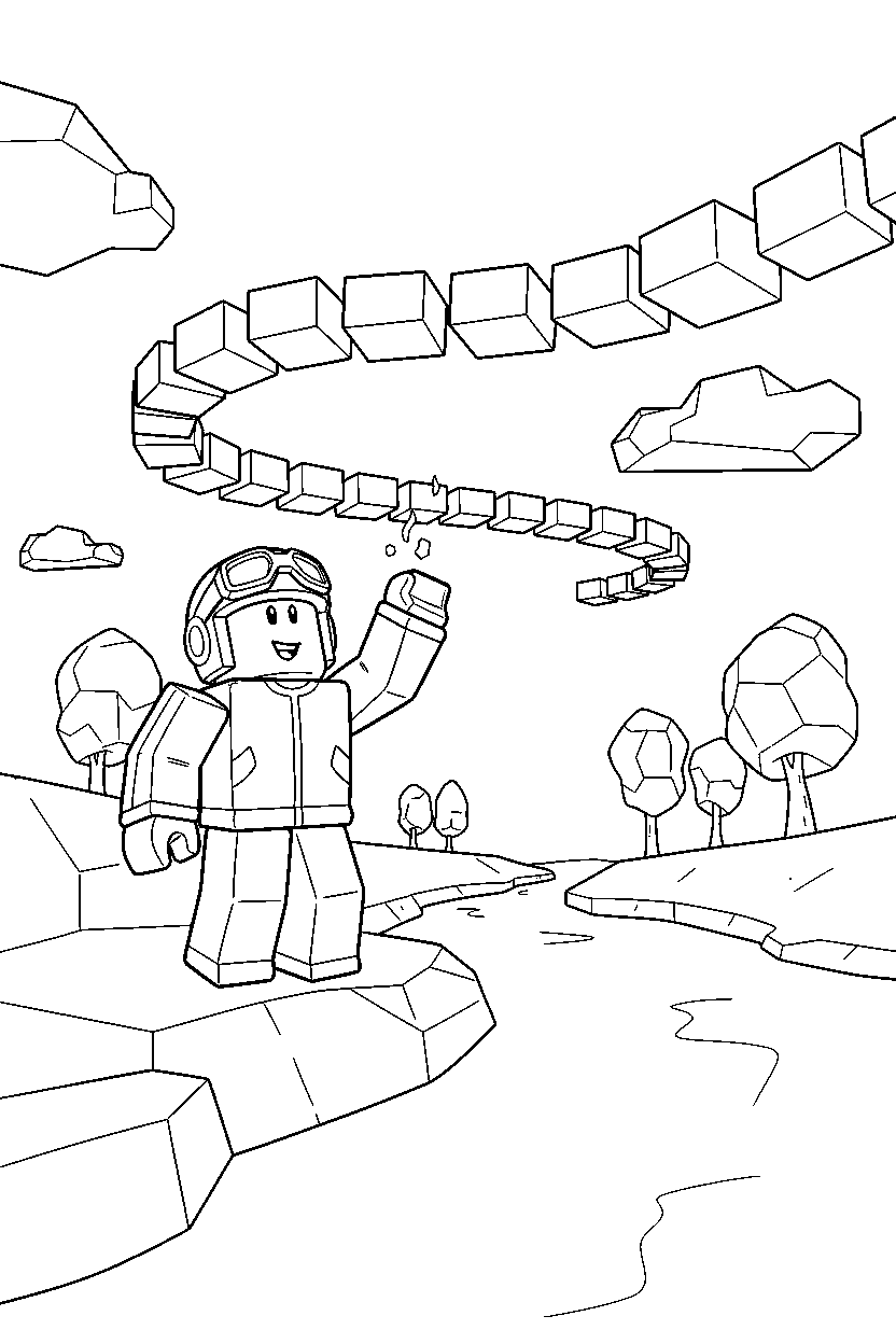 roblox parkour hero looking up near a block riverbank line art