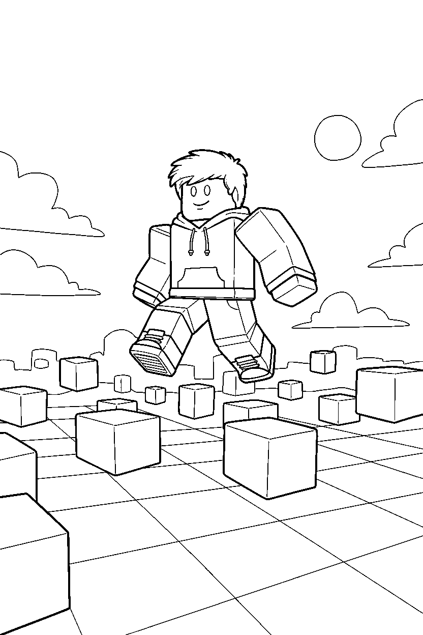 roblox parkour hero playing with blocks in a block meadow line art