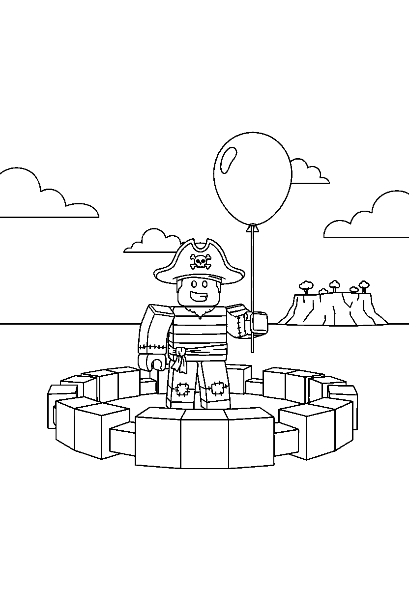 roblox pirate avatar holding a balloon near a block arena line art