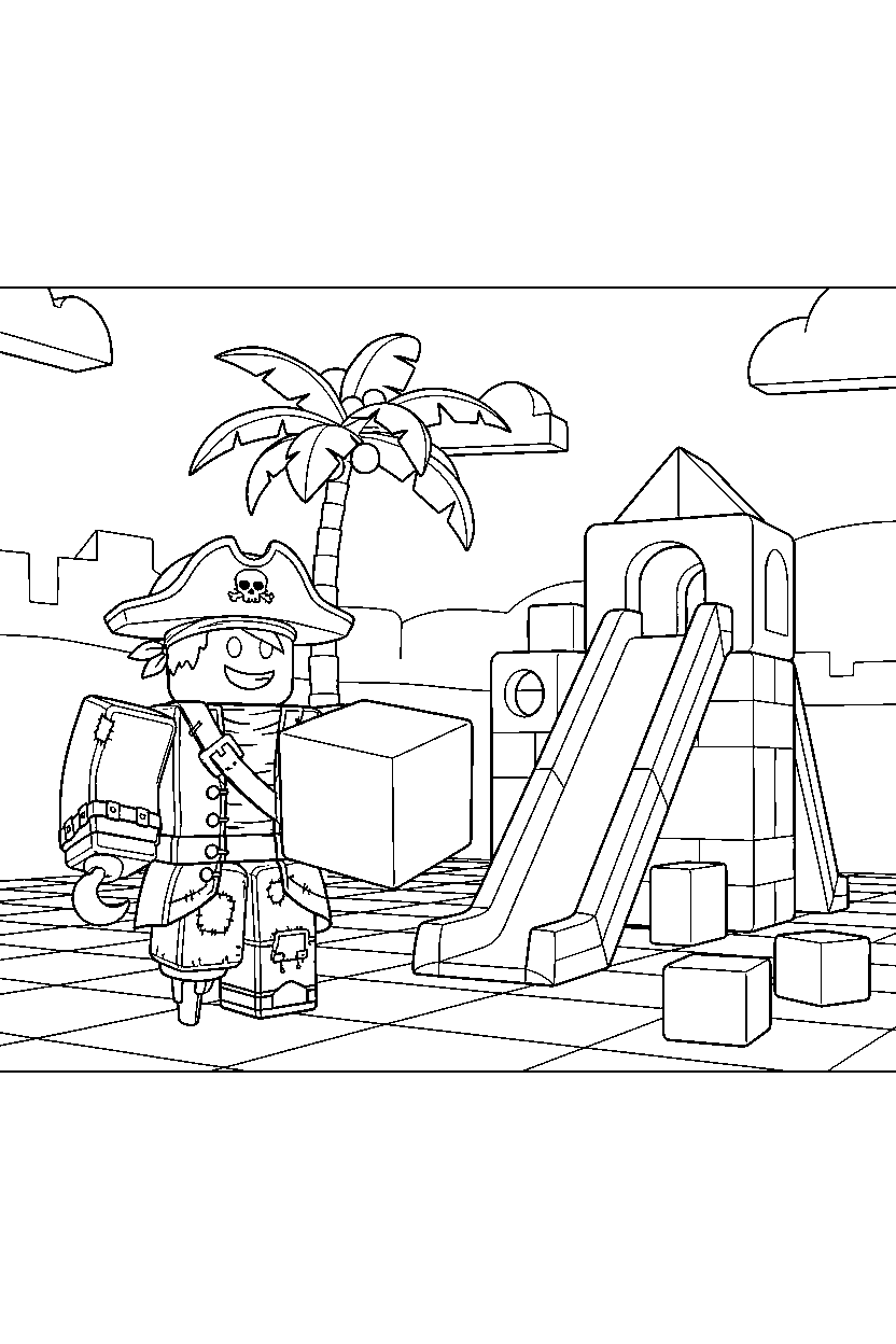 roblox pirate avatar holding a block near a block playground slide line art