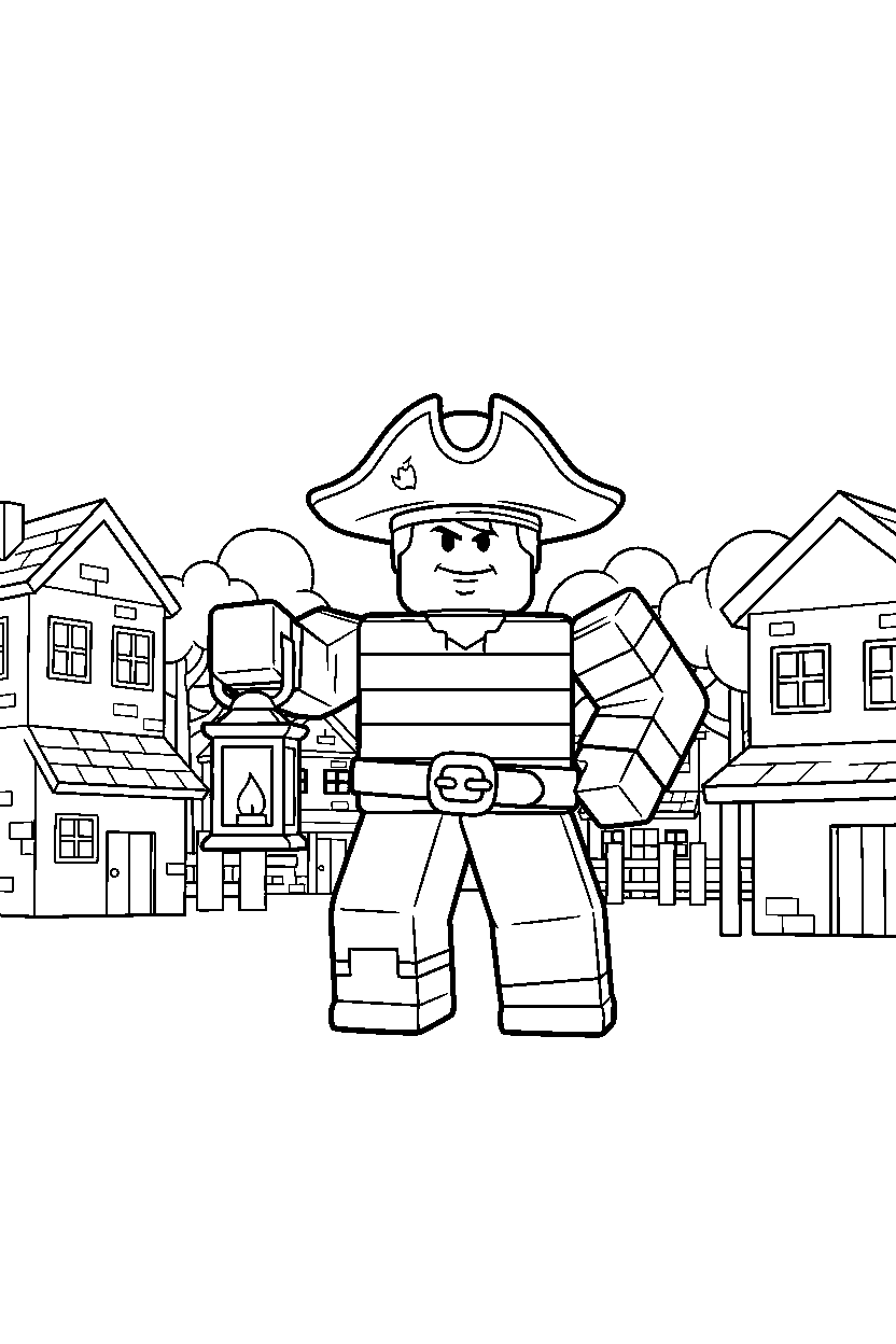 roblox pirate avatar holding a lantern in a block village line art