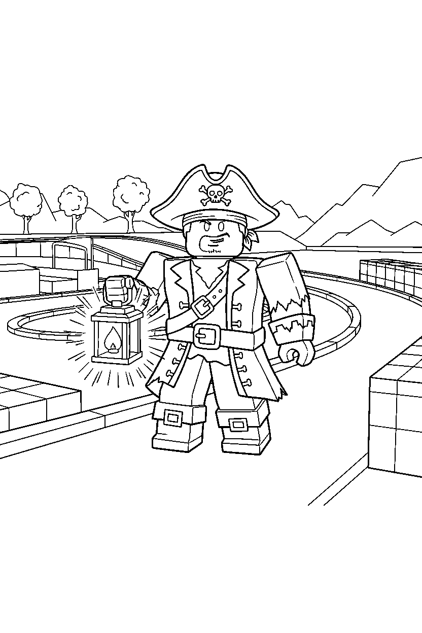 roblox pirate avatar holding a lantern near a block race track line art