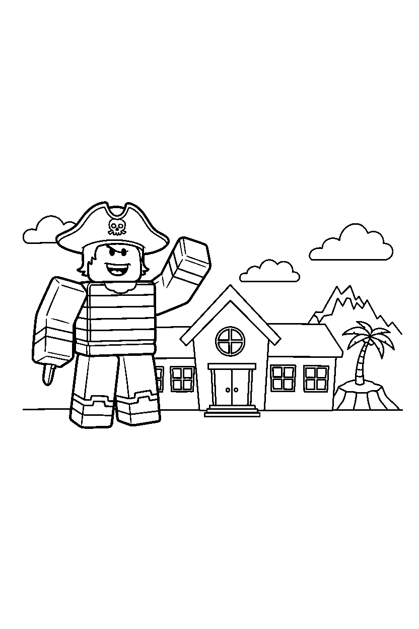 roblox pirate avatar raising a hand near a block school line art