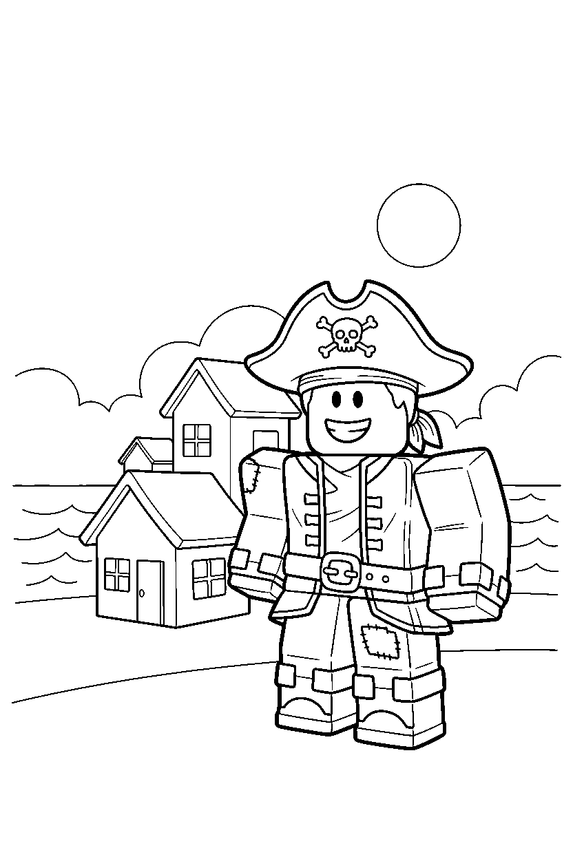 roblox pirate avatar smiling near block houses line art