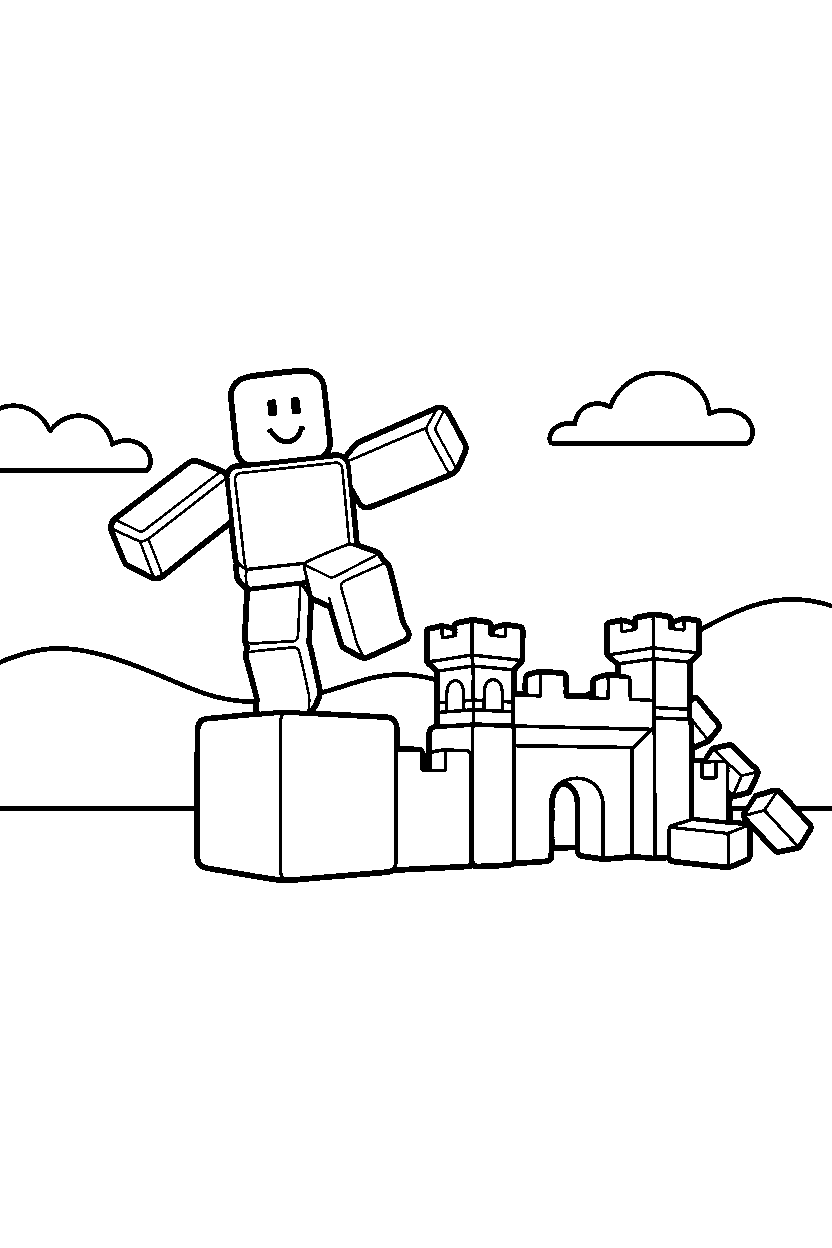 roblox player balancing on a block near a block fort line art