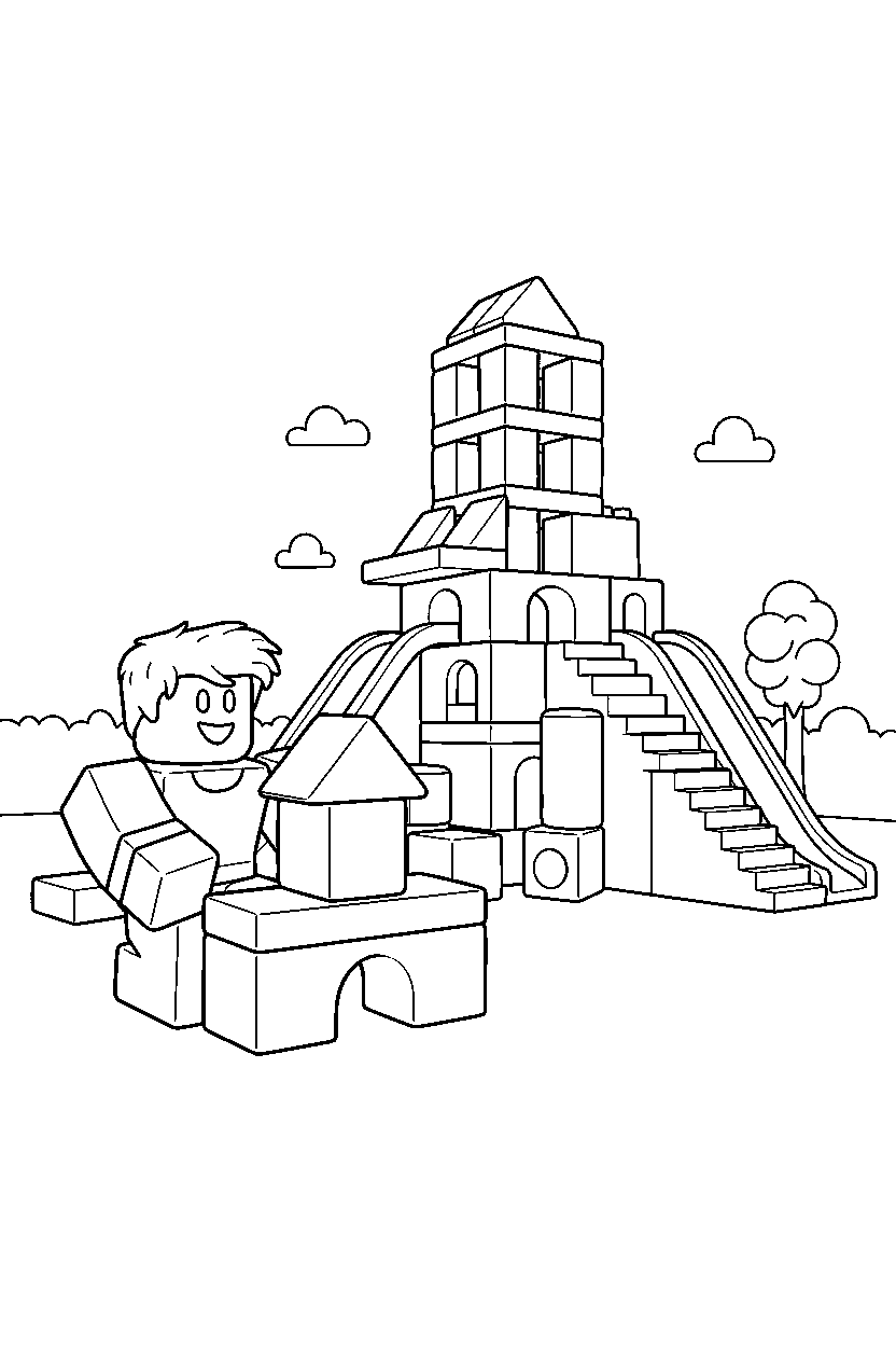 roblox player building with blocks near a block adventure park line art