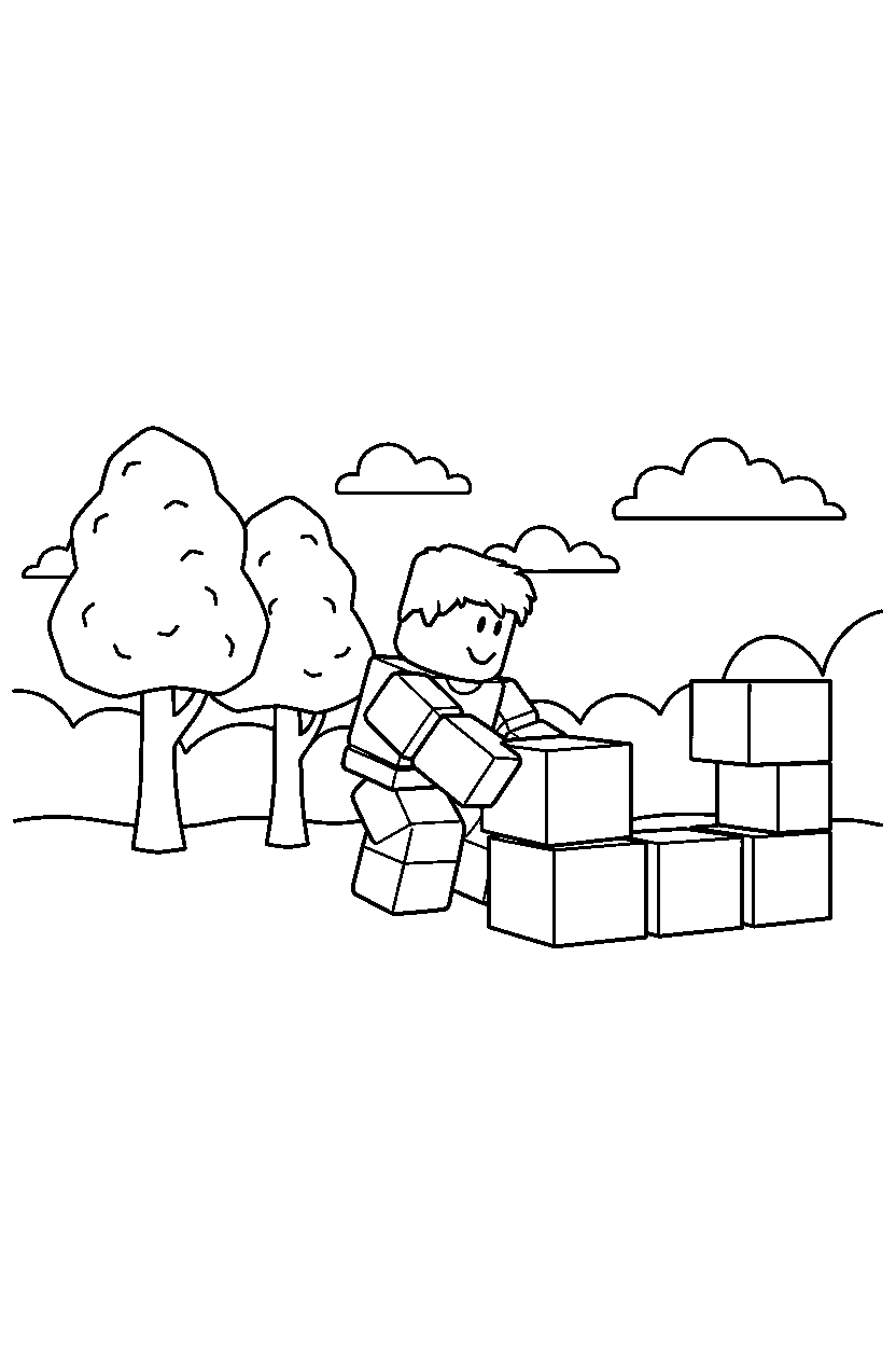 roblox player building with blocks near block trees line art
