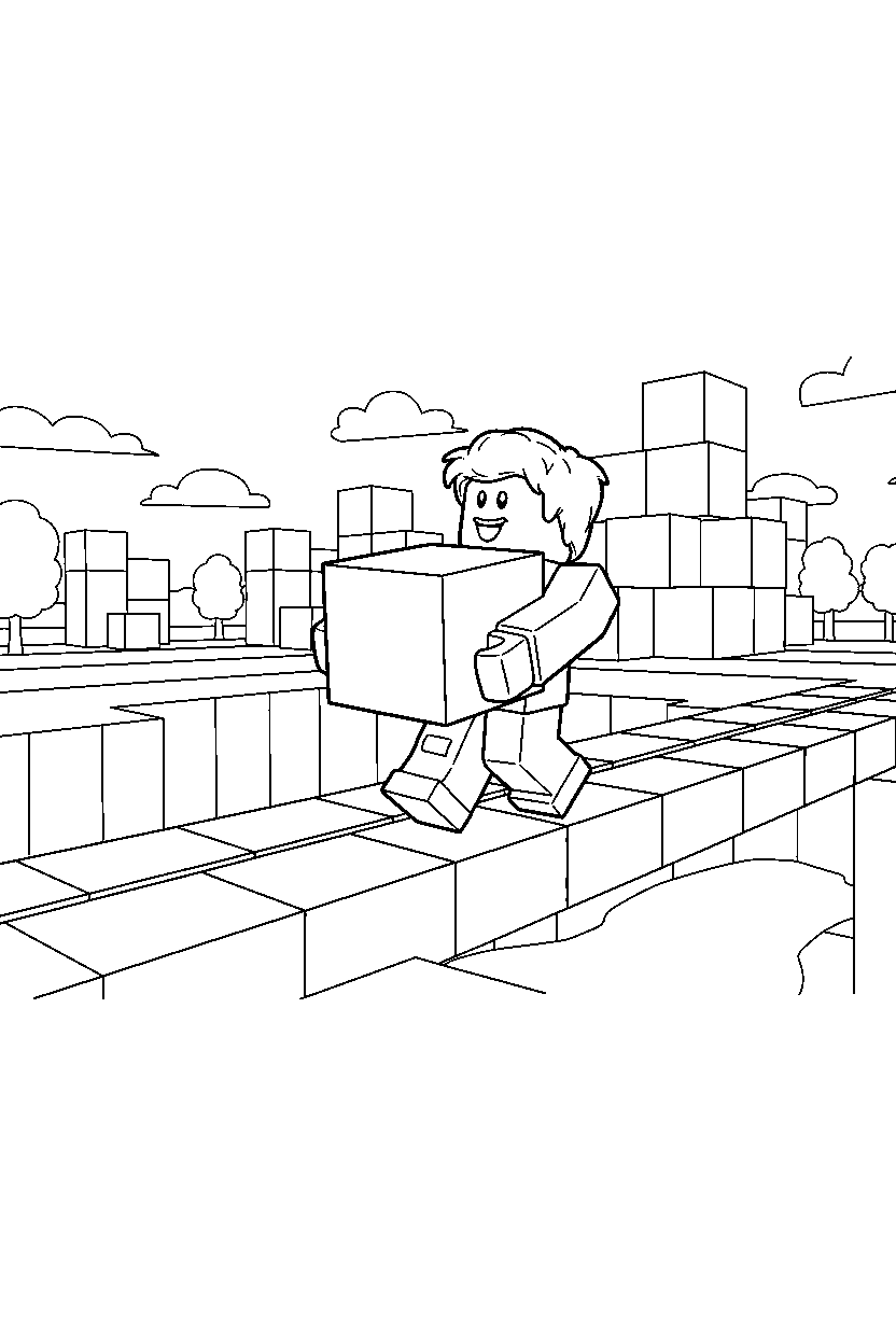 roblox player carrying a block near a block bridge crossing line art