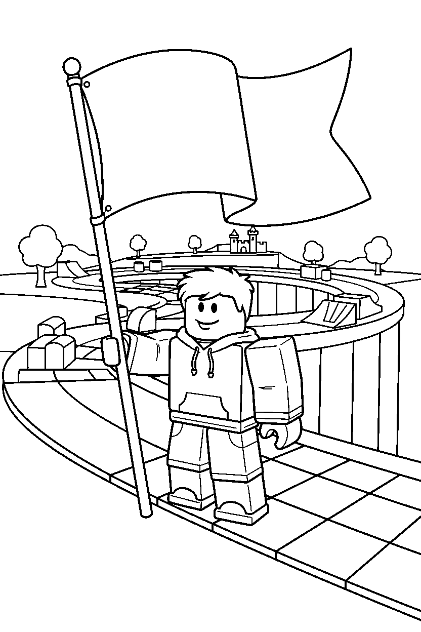 roblox player holding a flag near a block race track line art