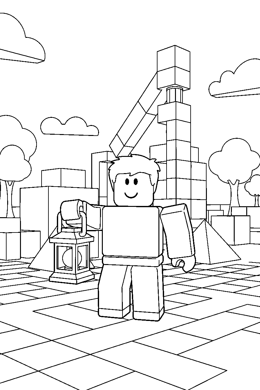 roblox player holding a lantern near a block training ground line art