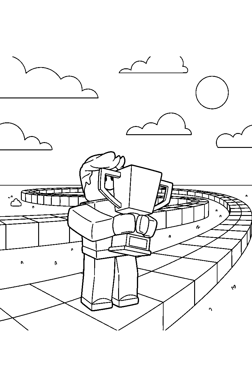 roblox player holding a trophy near a block race track line art