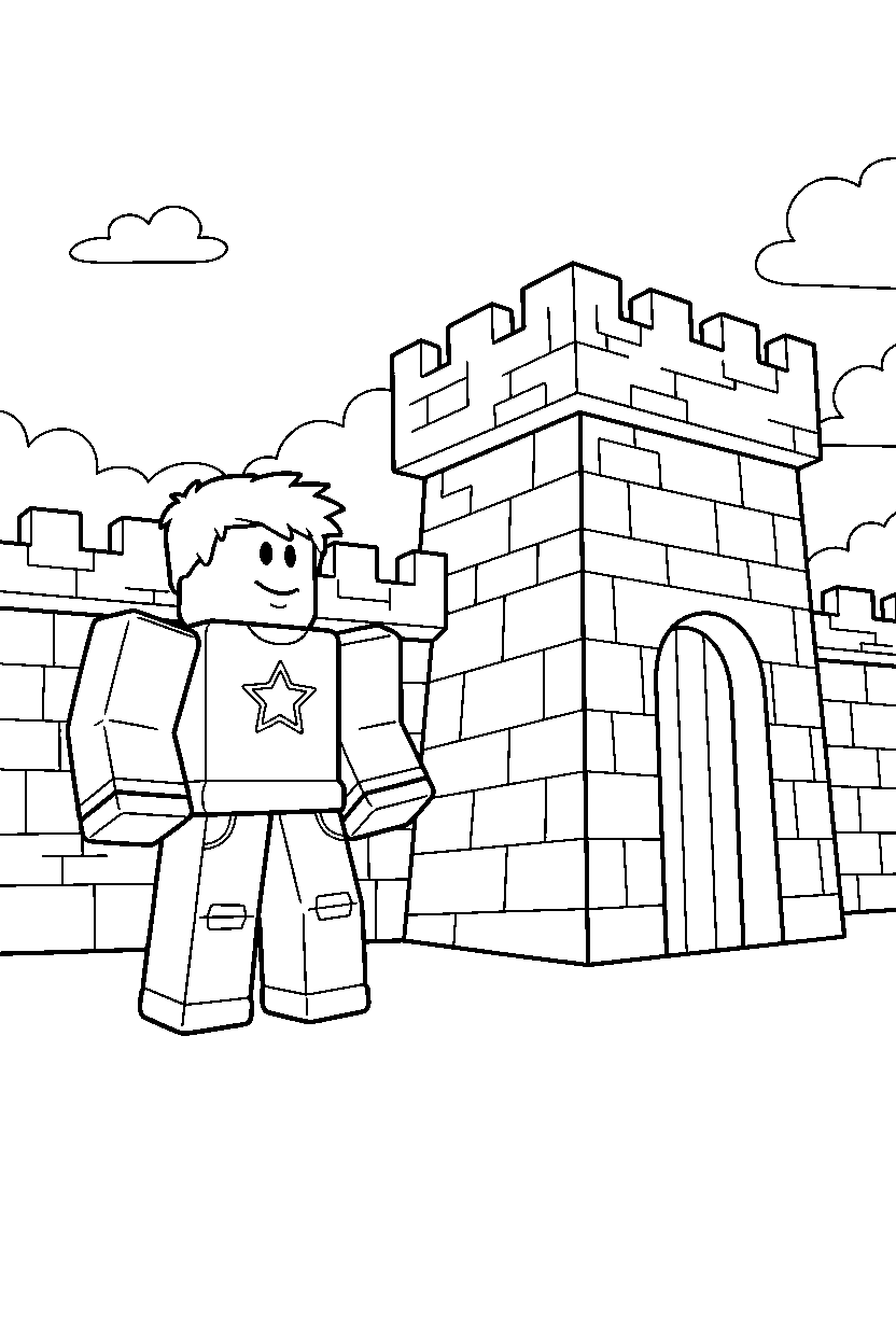roblox player standing near a block castle wall line art