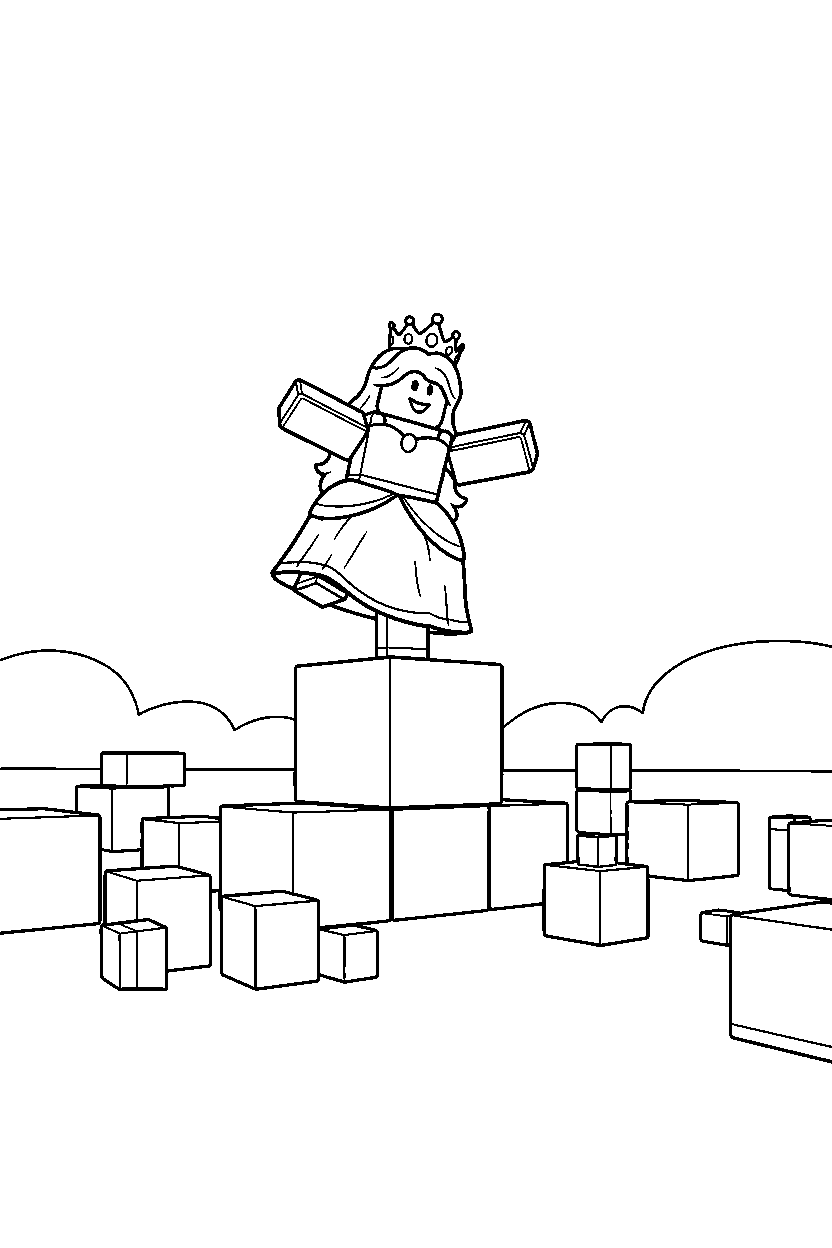 roblox princess avatar balancing on a block near a block obstacle field line art