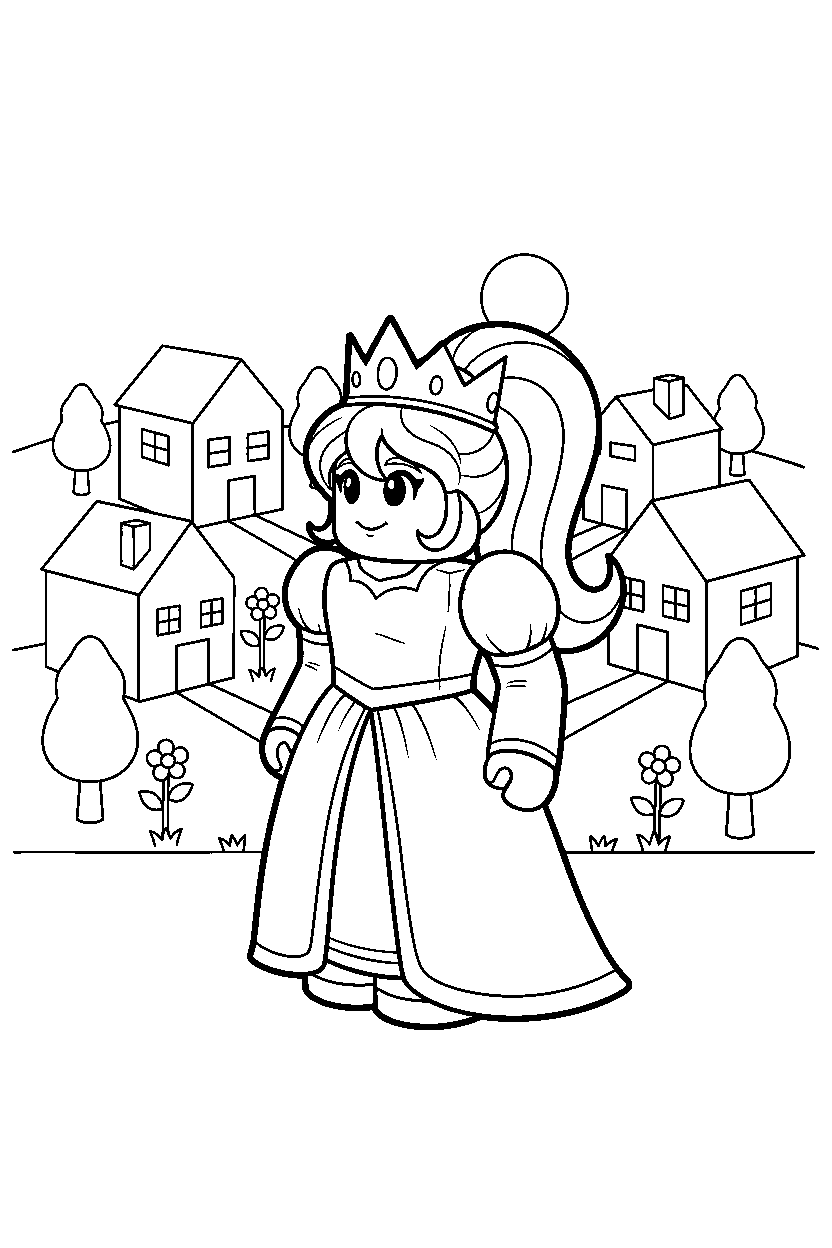 roblox princess avatar looking around in a peaceful block village line art