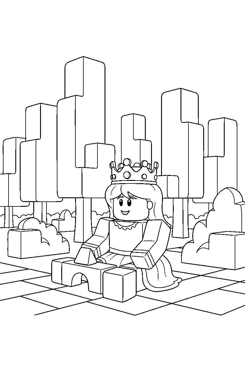 roblox princess avatar playing with blocks in a block forest line art
