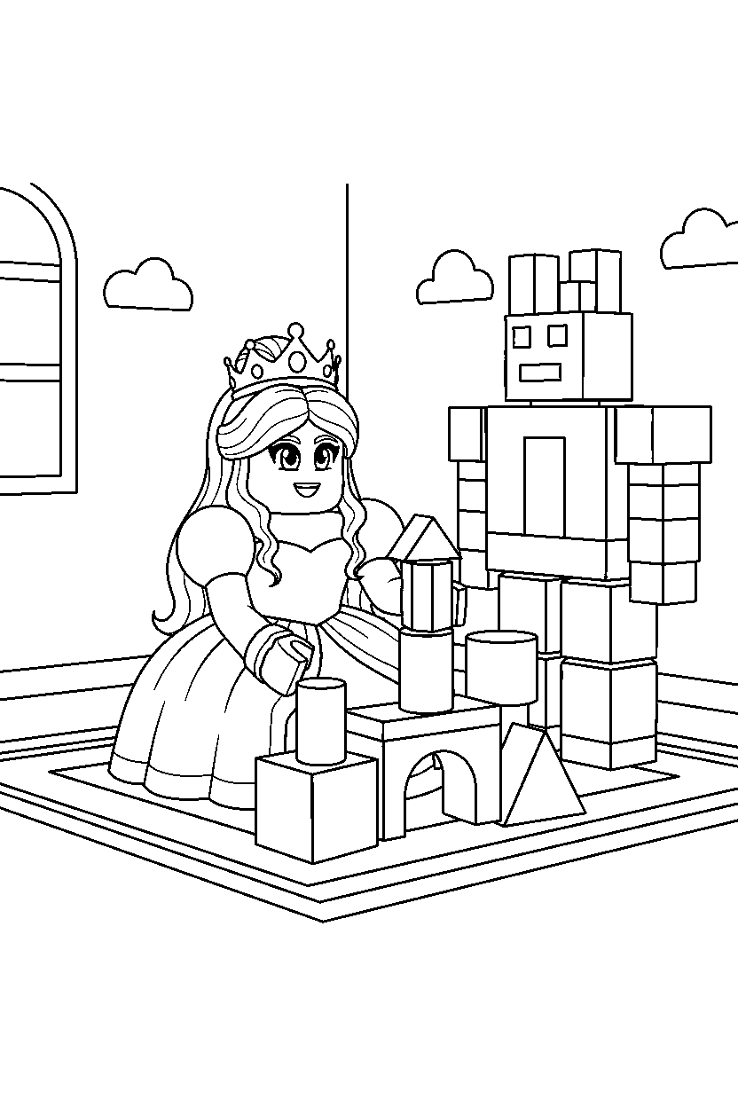 roblox princess avatar playing with blocks near a block statue line art