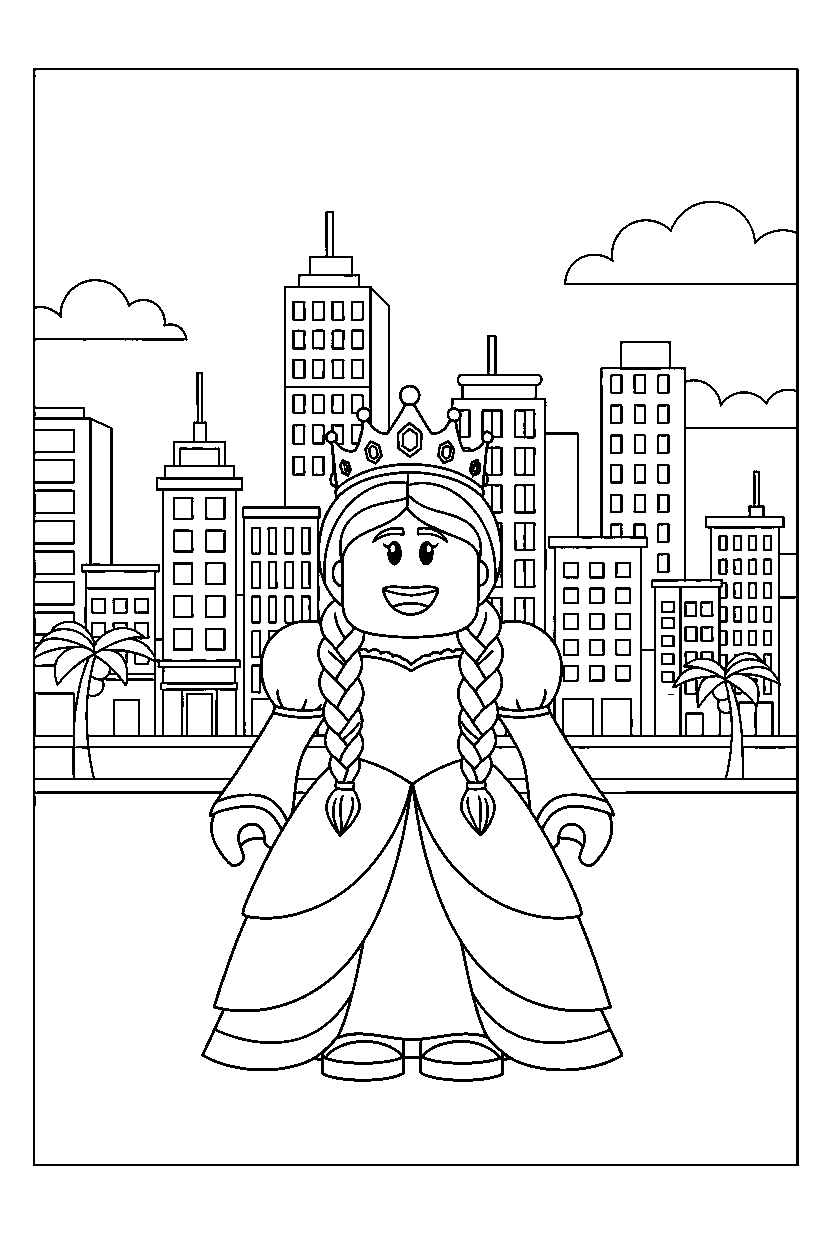 roblox princess avatar smiling in a roblox city line art