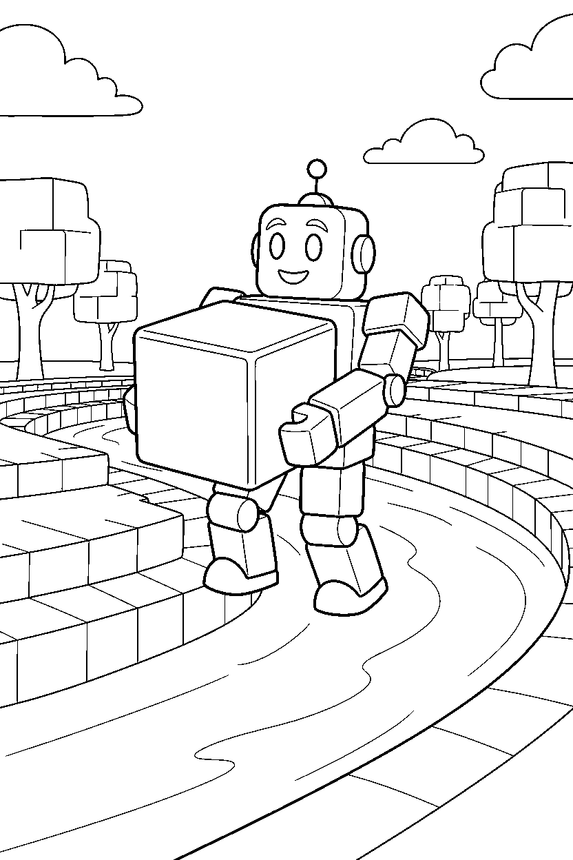 roblox robot avatar carrying a block near a block riverbank line art