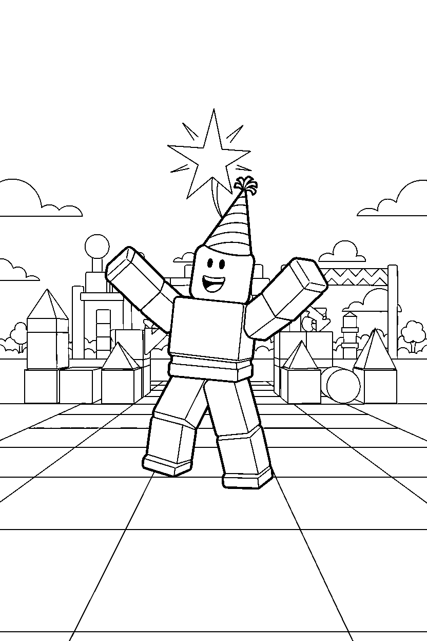 roblox robot avatar celebrating near a block obstacle course line art