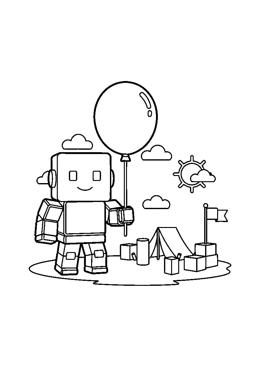 roblox robot avatar holding a balloon near a block camp line art