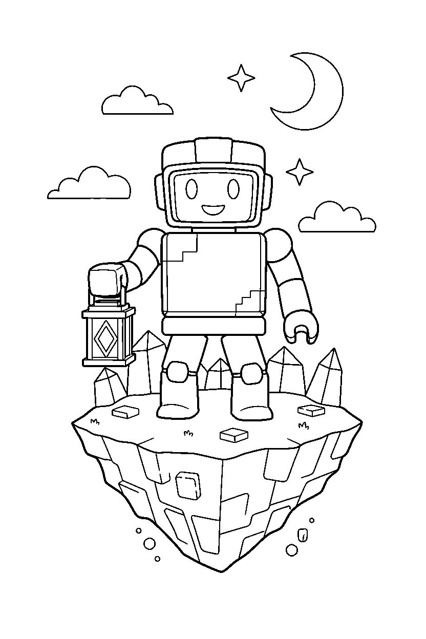 roblox robot avatar holding a lantern on a block island line art