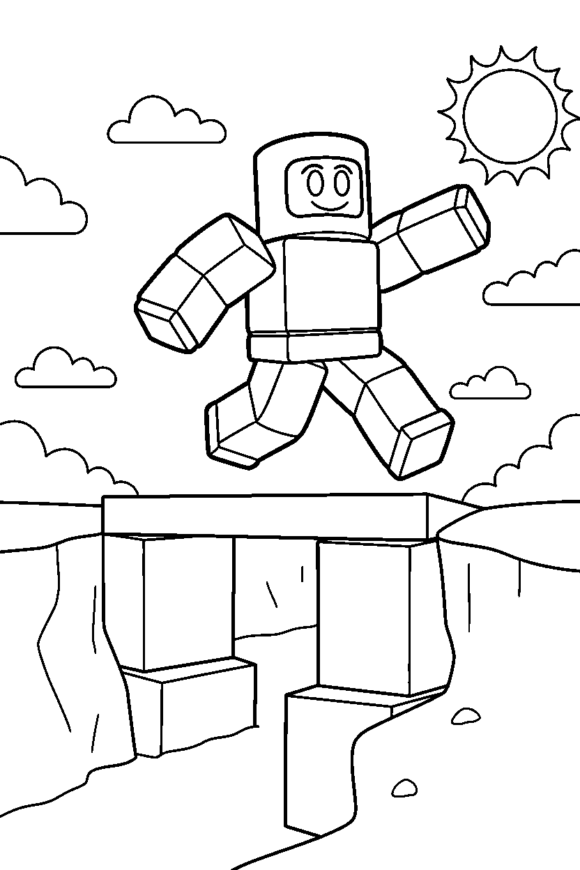 roblox robot avatar jumping near a block bridge crossing line art