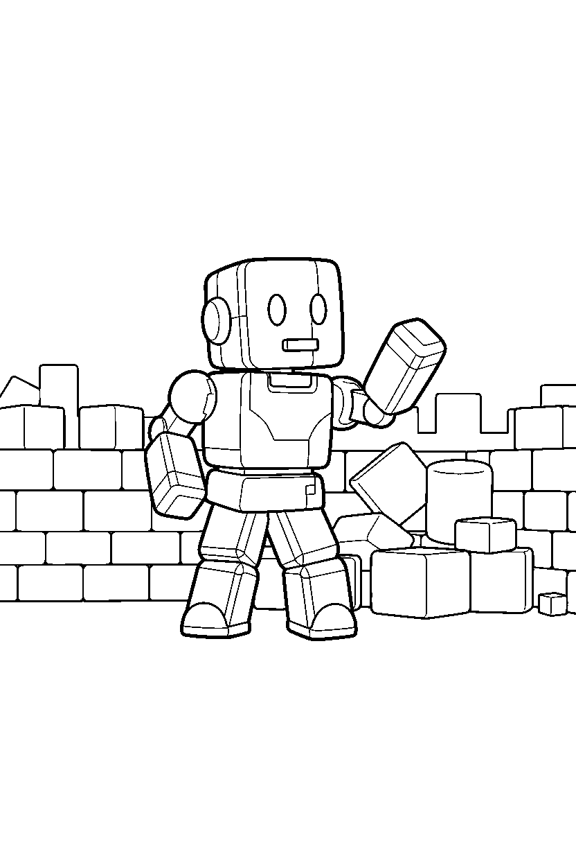 roblox robot avatar looking around near a block courtyard line art