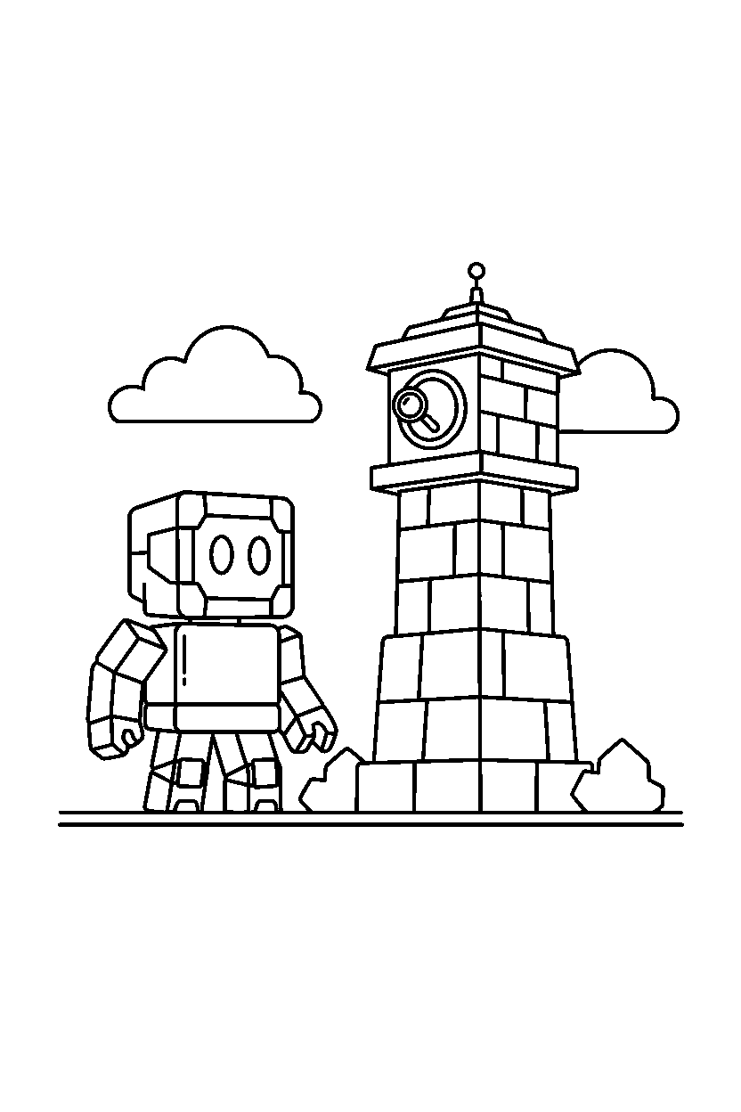 roblox robot avatar looking around near a block watch tower line art