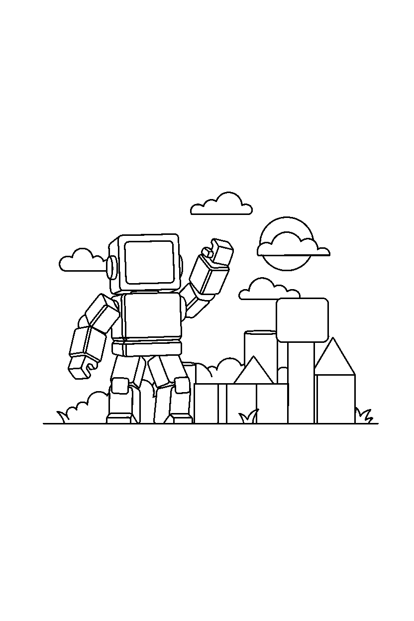 roblox robot avatar raising a hand near a block garden line art