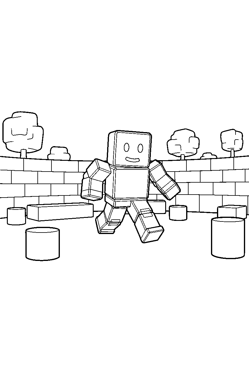 roblox robot avatar running near a block courtyard line art