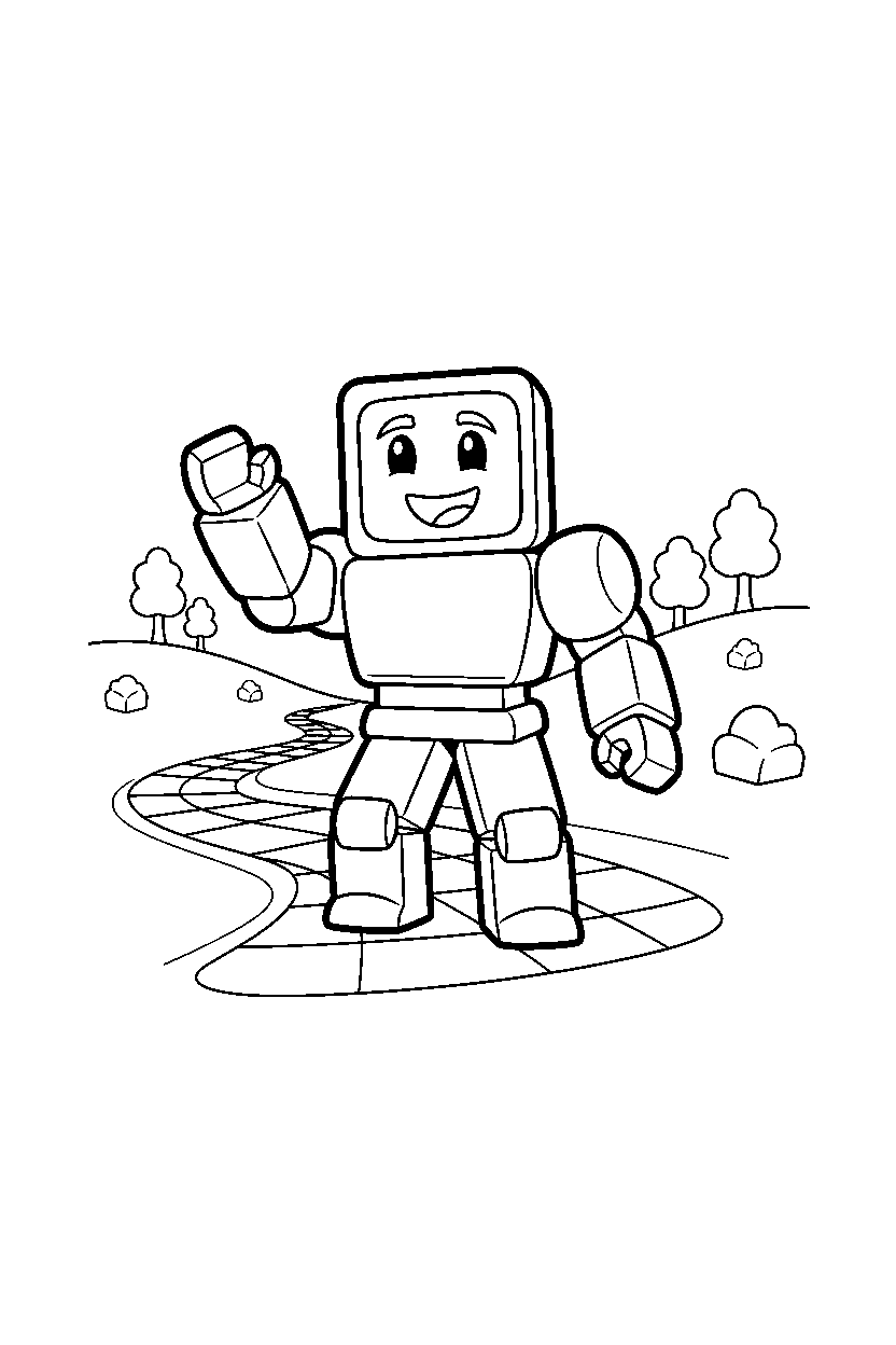 roblox robot avatar smiling near a block hill path line art