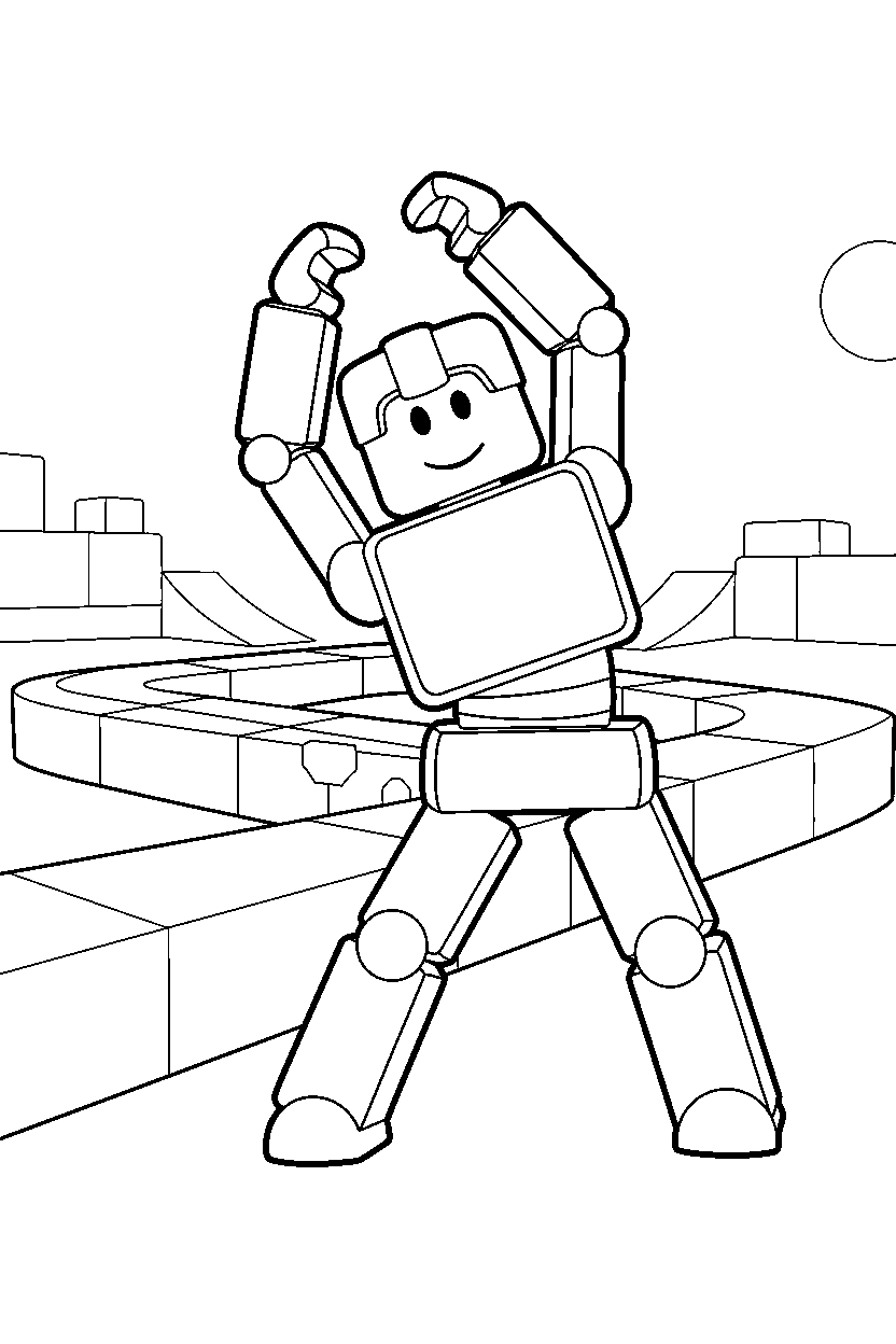 roblox robot avatar stretching near a block race track line art