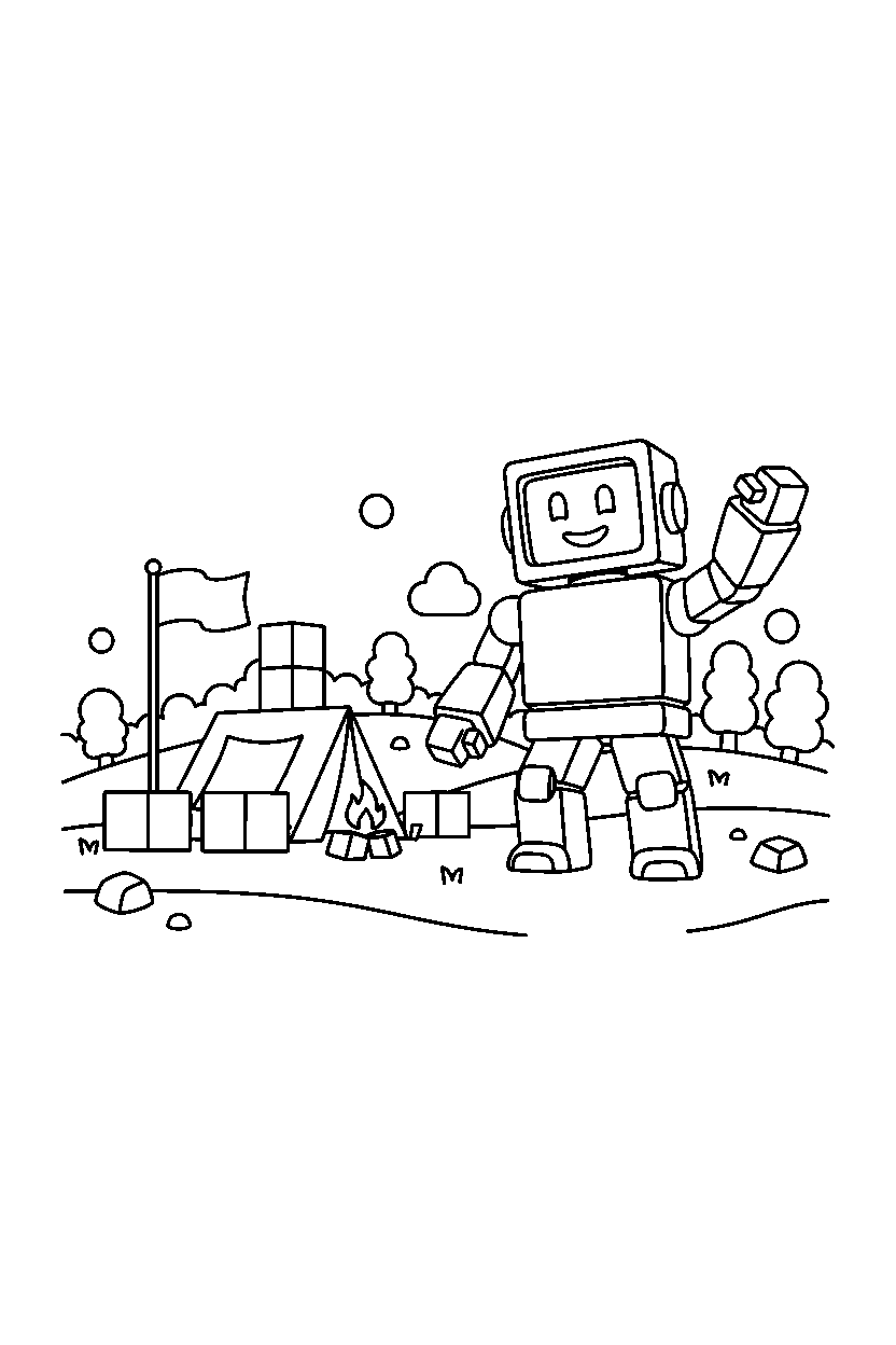 roblox robot avatar waving near a block camp line art