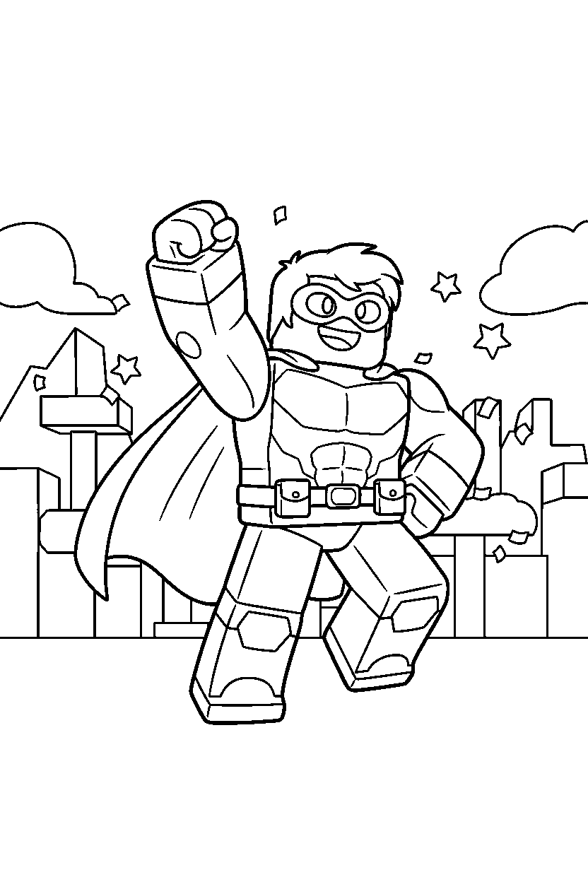 roblox superhero avatar celebrating victory in a block valley line art