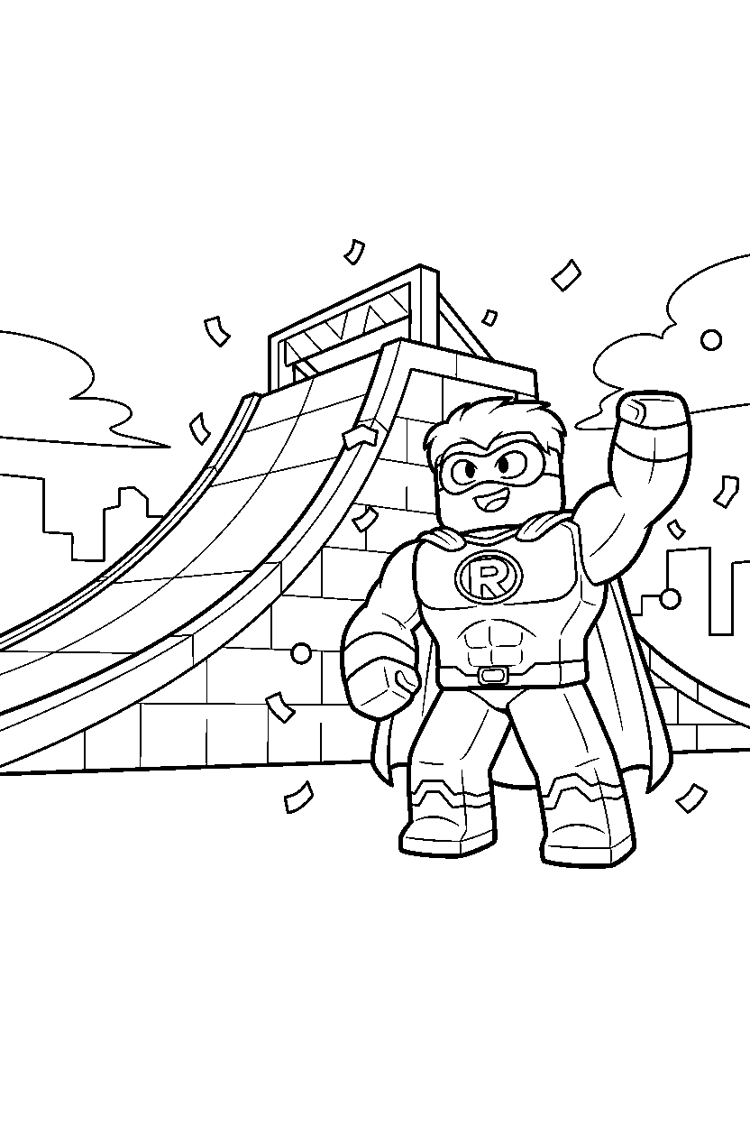 roblox superhero avatar celebrating victory near a block ramp line art
