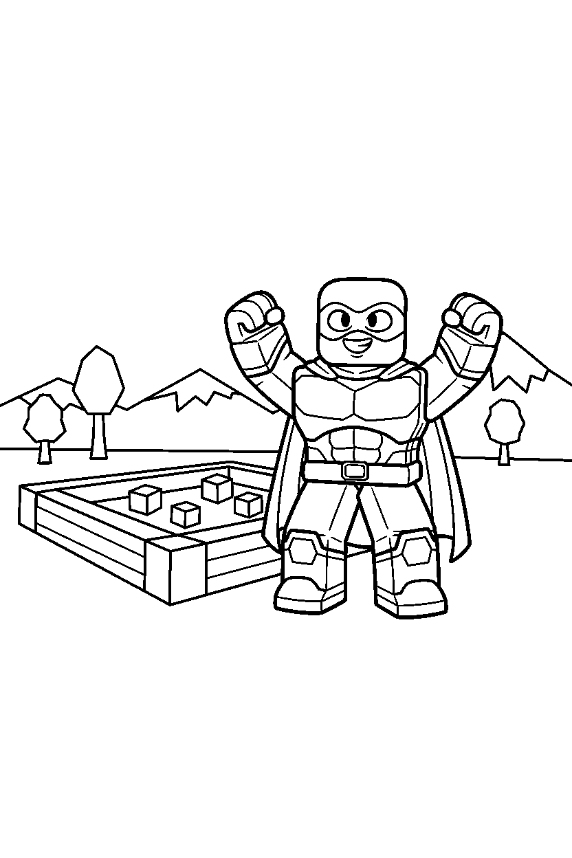 roblox superhero avatar celebrating victory near a block sandbox line art
