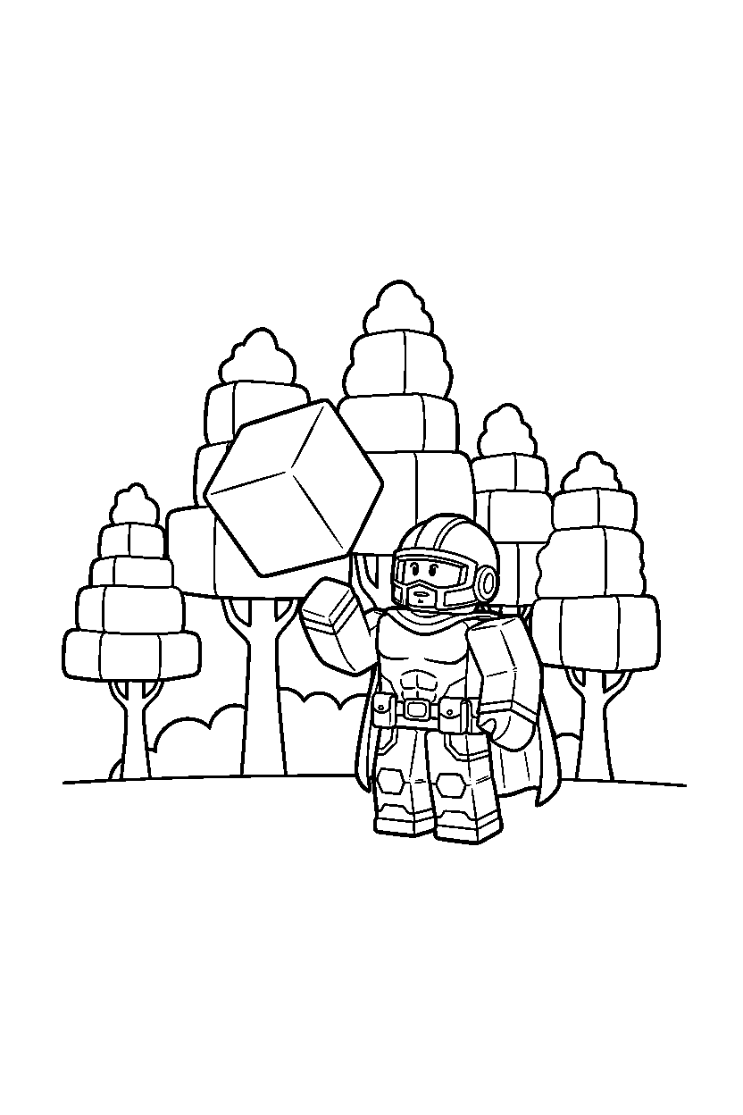 roblox superhero avatar looking at a block near block trees line art