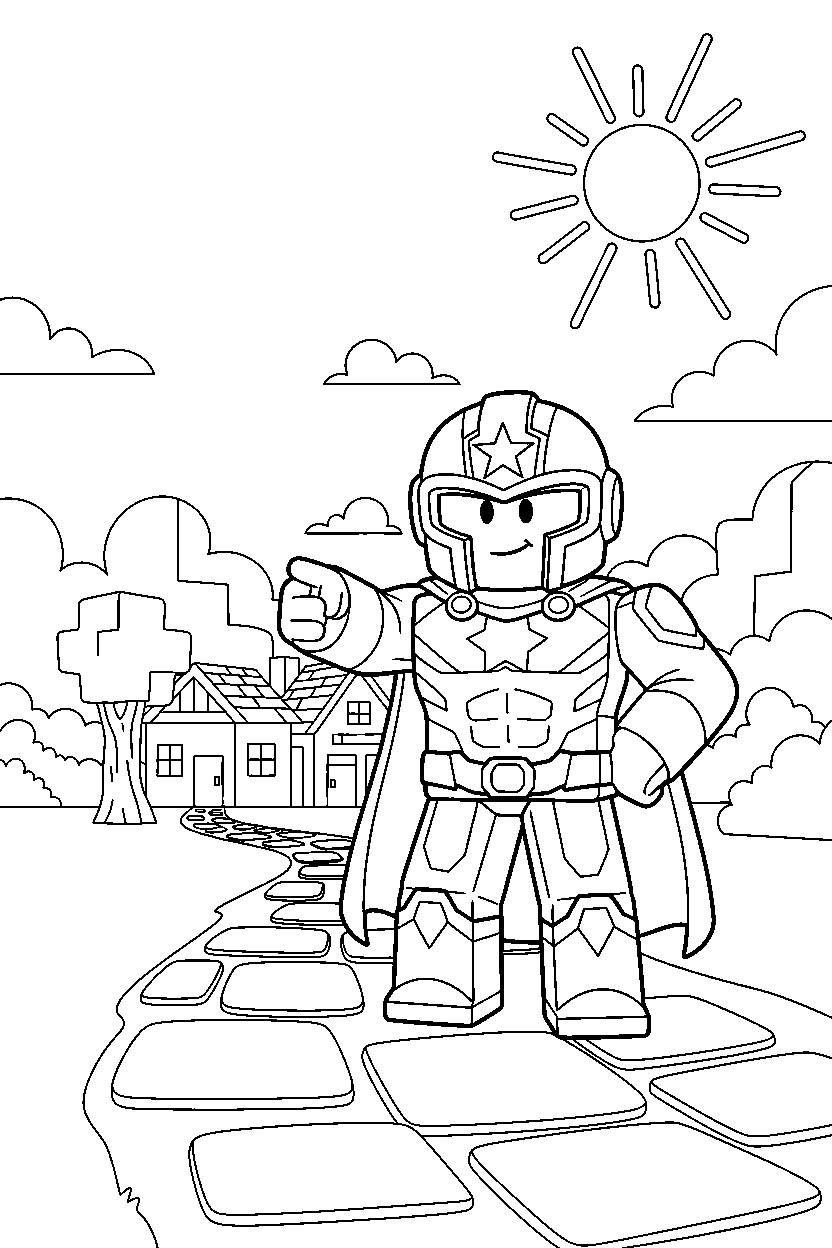 roblox superhero avatar ready for adventure in a peaceful block village line art