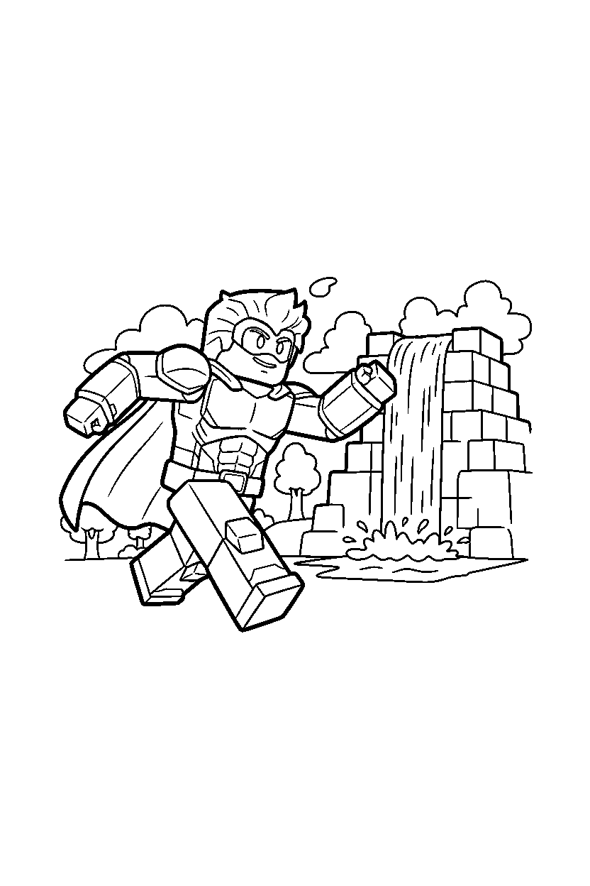 roblox superhero avatar running near a block waterfall line art