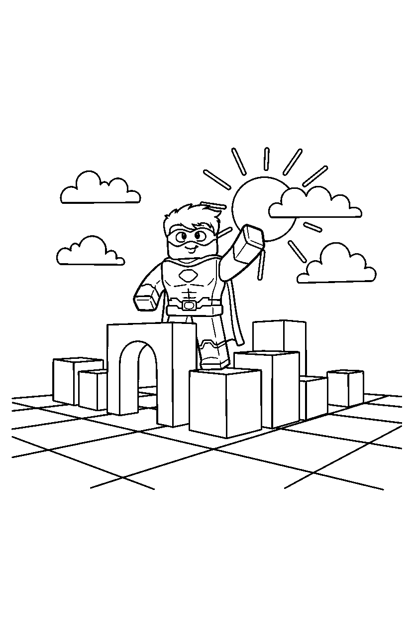 roblox superhero avatar waving near a block obstacle field line art