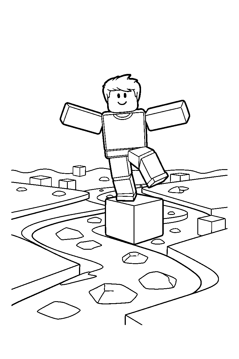 roblox teammate balancing on a block near a block river line art