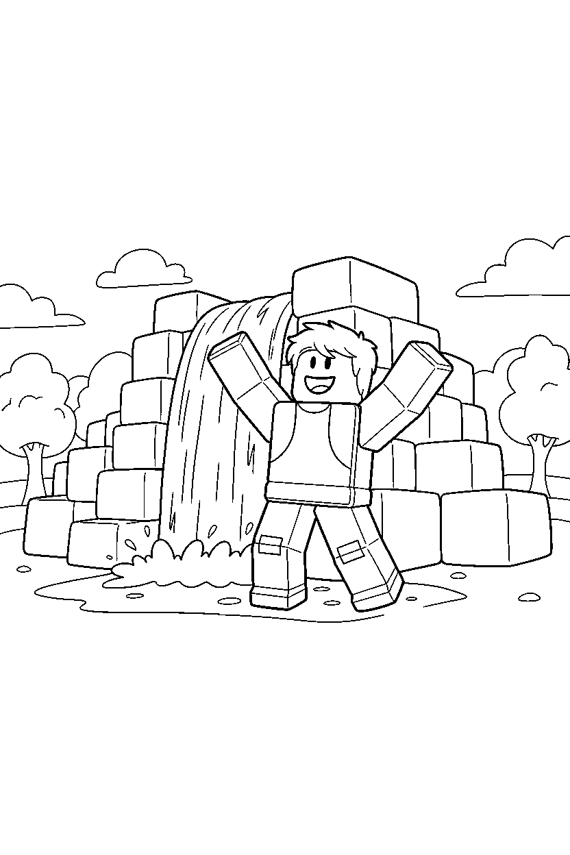 roblox teammate celebrating victory near a block waterfall line art