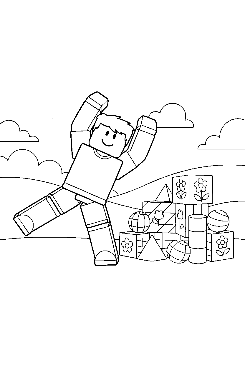 roblox teammate stretching near a block garden line art