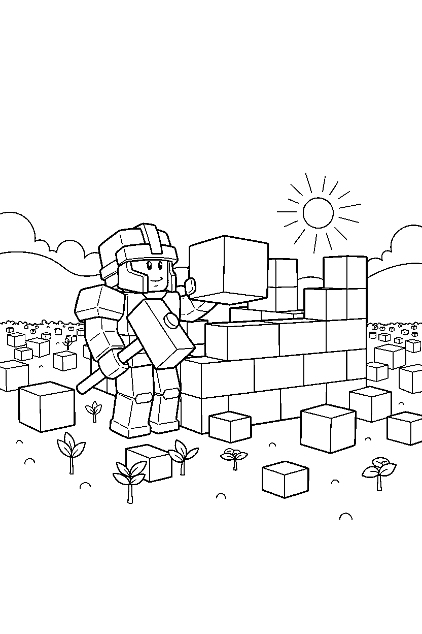 roblox warrior building with blocks in a block meadow line art