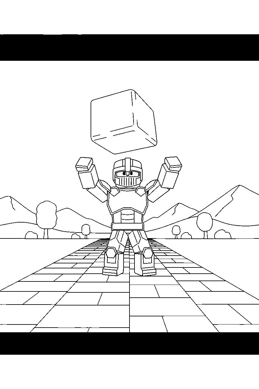 roblox warrior holding a block on a block road line art