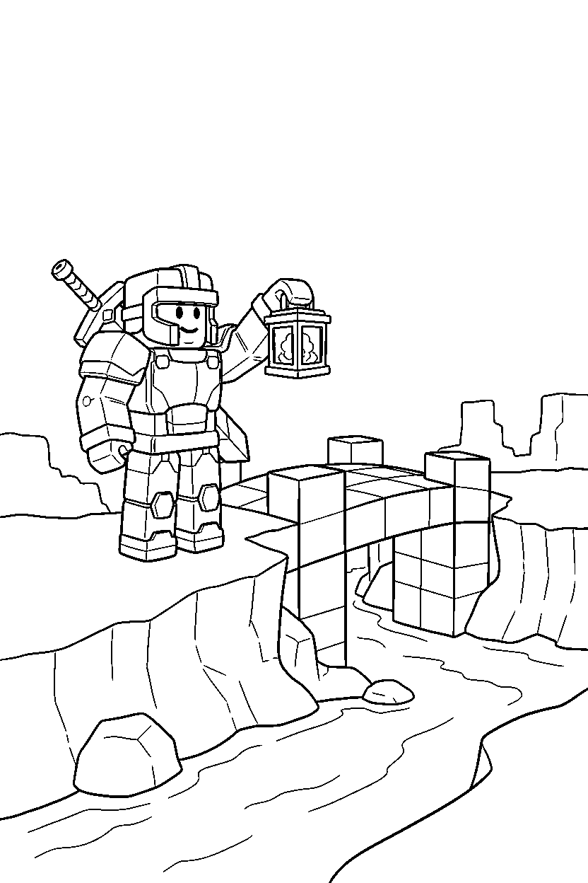 roblox warrior holding a lantern near a block bridge crossing line art